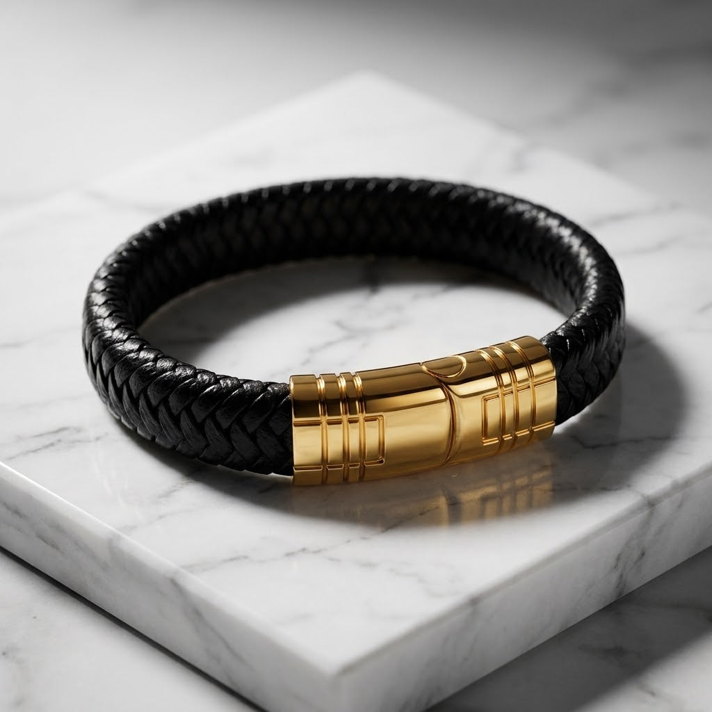 NextMove Executive Leather Bangle — Gold Edition